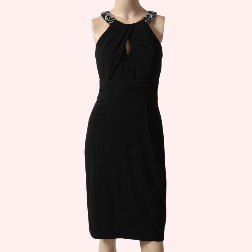 DAVID MEISTER Black Beaded Halter Sheath Dress